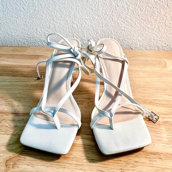 Women's 8 (US) White Vegan Leather Square Toe Ankle Wrap Strappy Stiletto Heels - Picture 4 of 7